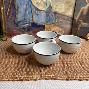 Set of Four Crate & Barrel White Ceramic Cappuccino Mugs With Navy Blue Rims